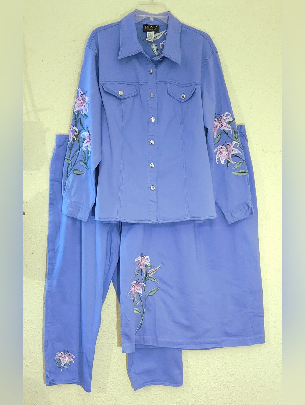 Vtg Bob Mackie Wearable Art 3pc Set 1X Jacket Skirt Pants Periwinkle Blue Denim